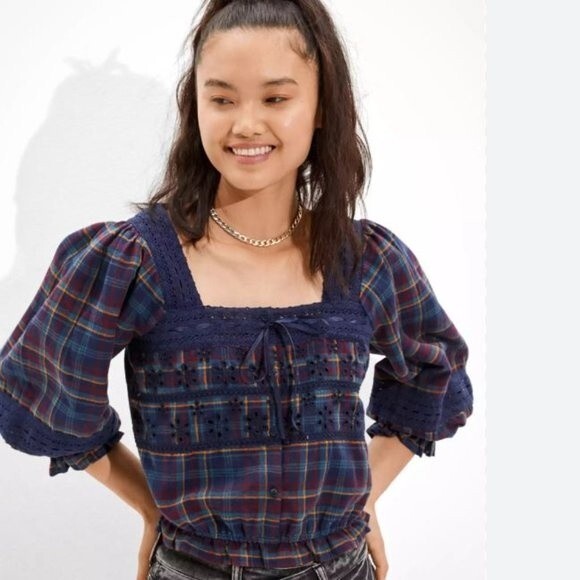 American Eagle Lace Puff-Sleeve Plaid Blouse - Picture 1 of 7